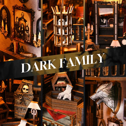 Book Nook Kit Dark Family DIY Wooden Puzzle Gothic style Halloween Bookshelf Dollhouse Model Bookend Building Home Decoration