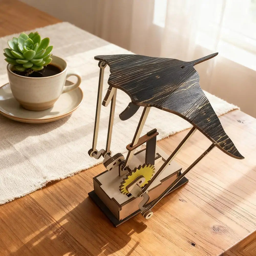 Artisan Wooden Manta Ray Automaton Handcrafted Mechanical Ocean Animal Ornaments Hand-Cranked Kinetic DIY Puzzle Decoration